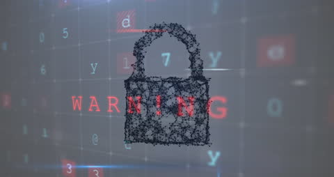 Digital Padlock with Warning Sign in Futuristic Interface