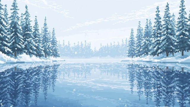 Pixel art winter lake reflecting snowy pine forest in cool blue palette, tranquil retro scene
