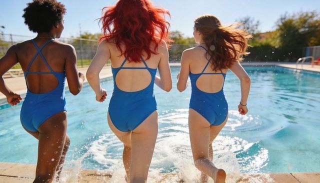 Three women running into outdoor pool in royal blue one-piece swimsuits splashing water