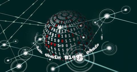 Blockchain globe visualizing network of binary nodes and distributed ledger connections