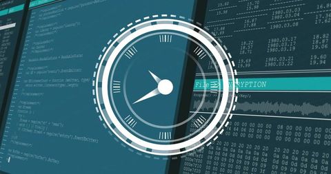 Cybersecurity HUD Gauge Overlaying Code and Hex Dump Monitoring Dashboard Visualization
