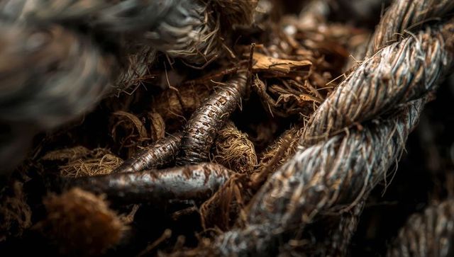 Frayed hemp rope and corroded metal cable macro detail with rusty fibers, patina texture