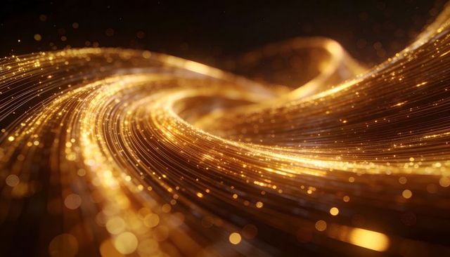 Flowing golden filament light ribbons creating abstract motion and depth with bokeh stream