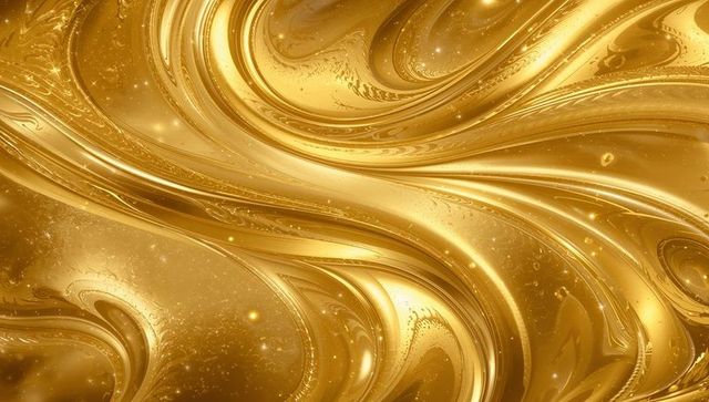 Liquid gold swirls creating glossy metallic ribbons, bubbles and micro-droplet shine