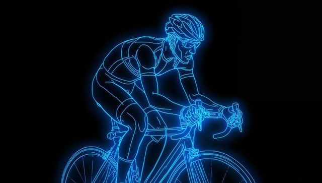 Neon blue cyclist in a race against black background