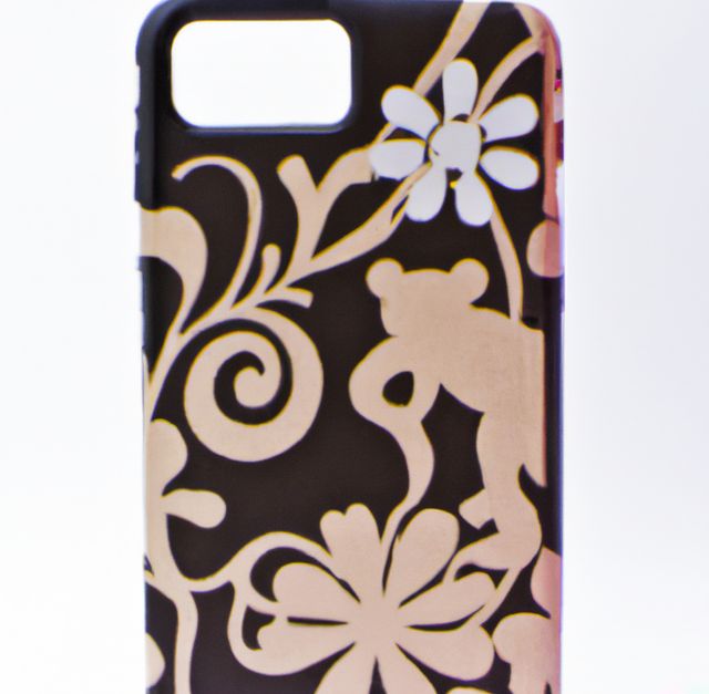 Close up of black phone case with pattern on white background. Phone accessories, design and protection.