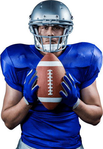 Confident american football player holding football on transparent background