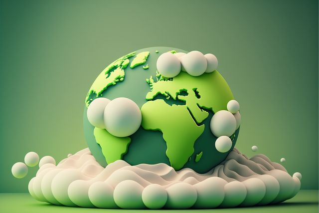 This image features a stylized, 3D rendered globe highlighting the green continents of our planet, encircled by white clouds. The design speaks to themes of environmentalism, sustainability, and earth conservation. Ideal for use in campaigns, educational content, or marketing materials related to green energy, climate action, and eco-friendly practices.