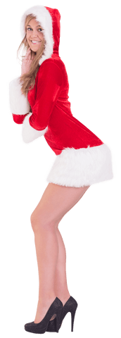 Transparent festive woman in santa costume smiling joyfully