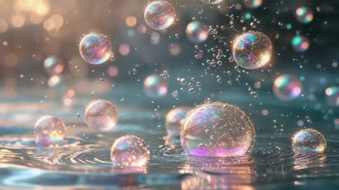 Magical Iridescent Bubbles Floating on Water Surface
