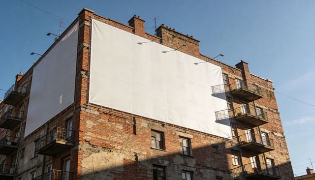Displaying blank billboard on weathered brick apartment corner with balconies under blue sky