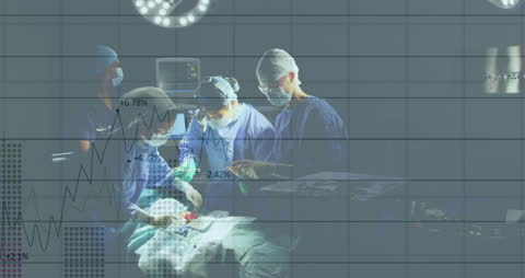 Surgeons in Operating Room with Rising Data Overlay