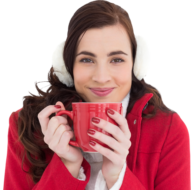 Smiling Woman in Winter Wear Enjoying Hot Drink with Transparent Background - Download Free Stock Videos Pikwizard.com