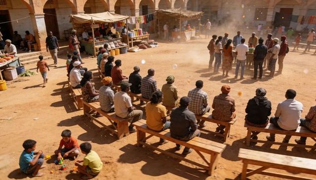 Locals watching street performance in sunlit courtyard market with arched stalls