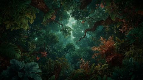 Mystical enchantment in misty rainforest with lush foliage