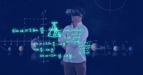 Man in VR Headset Analyzing Scientific Data Digital Interface