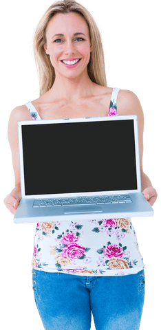 smiling woman portrait with transparent background presenting laptop computer - Download Free Stock Videos Pikwizard.com