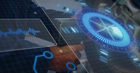 Business executive swiping tablet with holographic HUD and augmented reality interface
