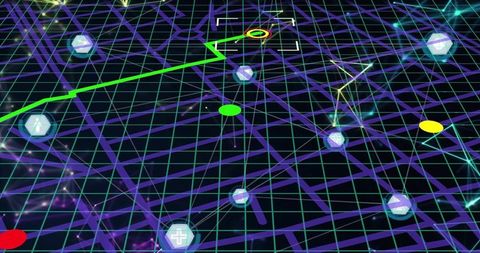 Digital gps navigation map with glowing neon hex icons