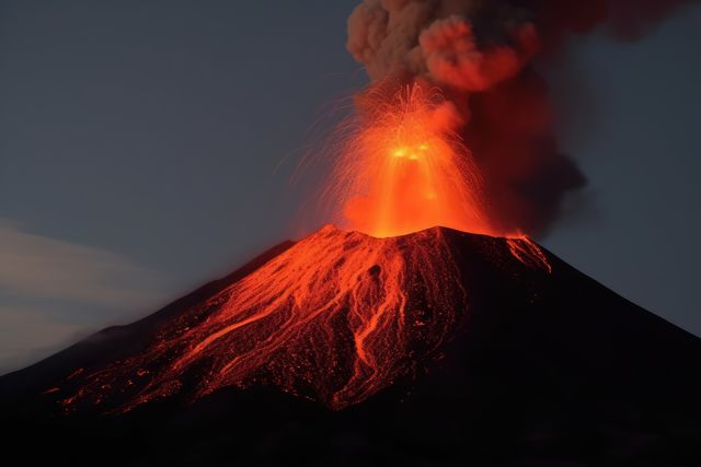 Capturing a dramatic moment of an erupting volcano, this image shows vivid, glowing lava flowing down the volcano's sides with thick ash clouds billowing into the sky. This visual representation of raw natural power can be used in educational materials focused on geology and natural disasters, travel publications highlighting volcanic regions, environmental awareness campaigns, and dramatic nature-themed presentations.