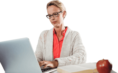 Transparent background: businesswoman typing on laptop