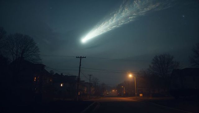 Comet streaking over suburban street at night, glowing tail illuminating quiet neighborhood