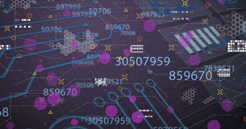 Digital Interface with Data and Network Symbols Overlaid on Circuit Background