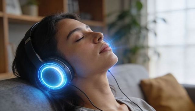 Young woman relaxing with glowing over-ear headphones on sofa