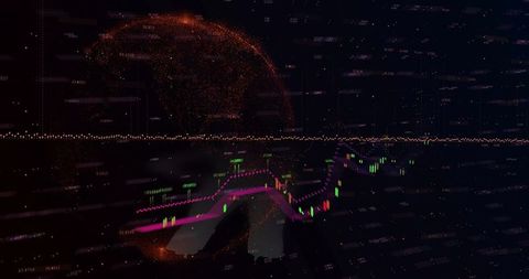 Digital financial dashboard with candlestick chart and orange globe