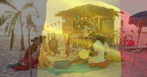 Sunset beach tiki bar party featuring friends playing guitar and relaxing on cushions