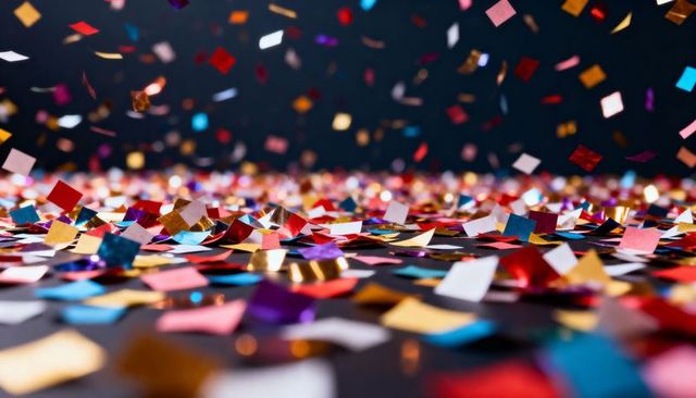 Colorful metallic confetti falling across dark surface with bokeh celebration lights