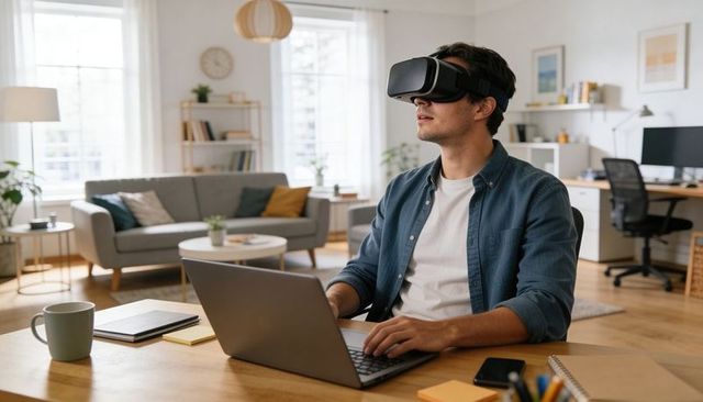 Young man exploring virtual reality while working from home with laptop and headset