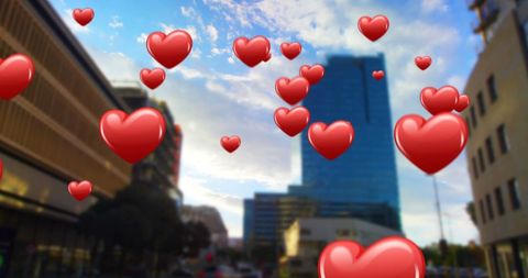 Heart symbols overlay beautiful urban cityscape