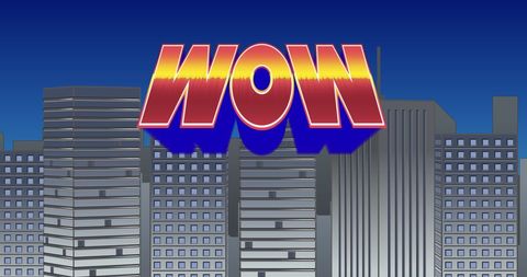 Vibrant Cartoon WOW Sign over Urban Skyscraper Backdrop