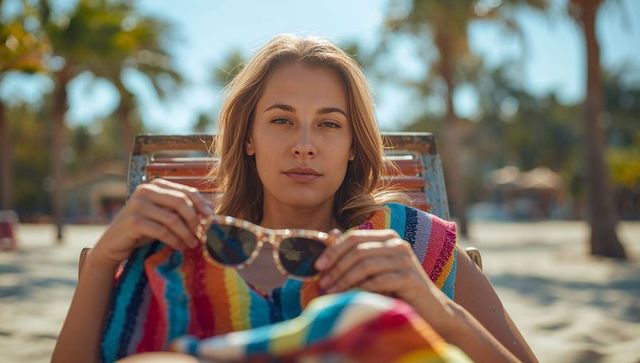 Adult woman holding sunglasses on worn beach chair wrapped in rainbow towel