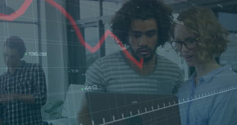 Business Team Analyzing Financial Trends with Data Overlay