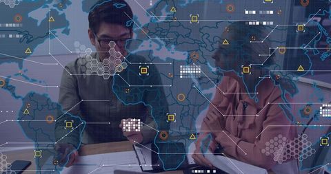 Analyzing global data with digital map overlays during collaborative office meeting