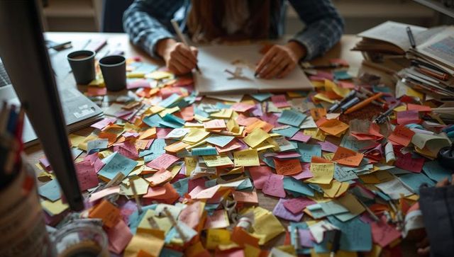 Desk overflowing with multicolored sticky notes, hands sketching notebook ideas