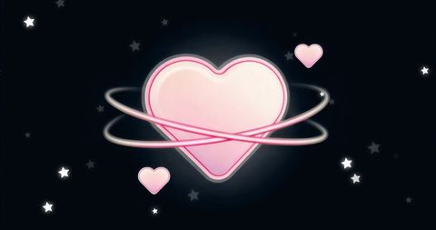 Neon pink heart orbiting cosmic star field with glowing rings
