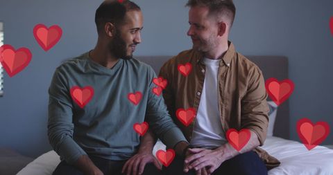 Romantic Diverse Couple Embracing Amidst Floating Hearts