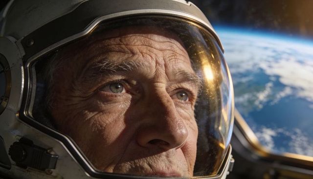 Senior astronaut gazing at earth through helmet visor with sunlight reflection