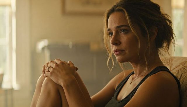 Contemplative woman in dark tank hugging knees on sofa by window with pendant necklace