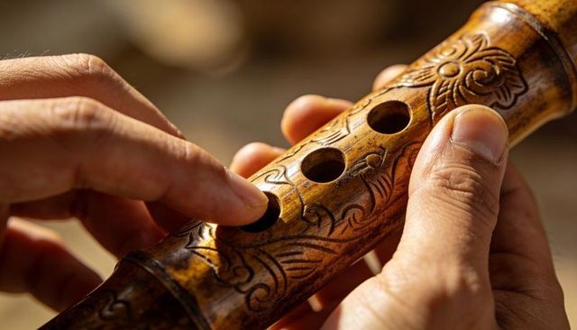 Hands fingering ornate carved wooden flute closeup showing detailed floral engraving