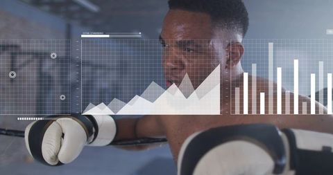 Boxer leaning on ring rope with boxing data overlay emphasizing focus and grit