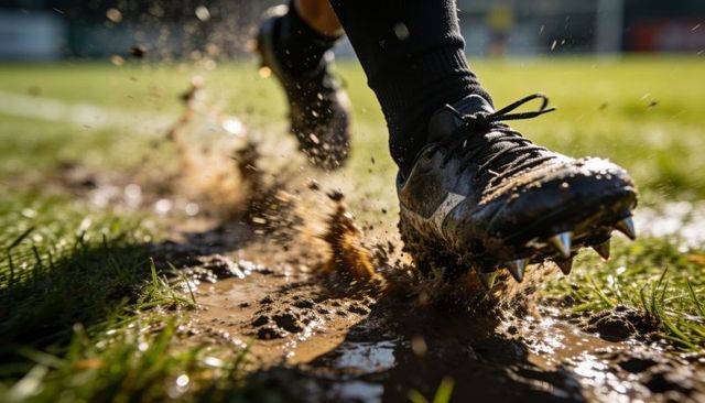 Close-up mud-splashed soccer cleat with studs kicking through muddy puddle on grass field