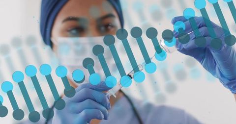 Clinician drawing vaccine from vial wearing mask blue gloves DNA helix overlay