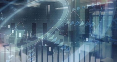 Modern Office with Financial Data and Analytics Overlay