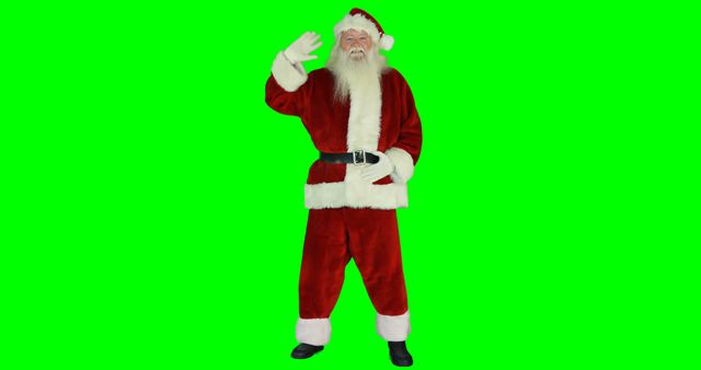 This image showcases Santa Claus, dressed in his traditional red suit and hat, waving joyfully against a green screen background. It can be used for Christmas cards, holiday promotions, festive advertisements, digital greetings, and seasonal projects where customization of the background is needed.