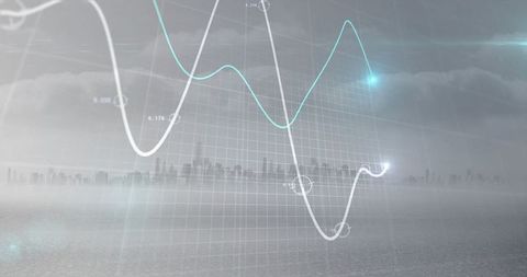 Digital Analytics Graphs Over Urban Skyline in Fog