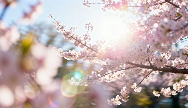 Sunlit blooming cherry blossom branch glowing with soft pink bokeh and lens flare